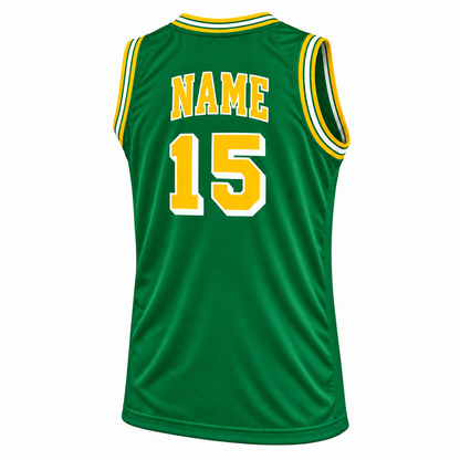 Green and Gold Basketball Jersey — green back mockup, number 15, NAME above number.