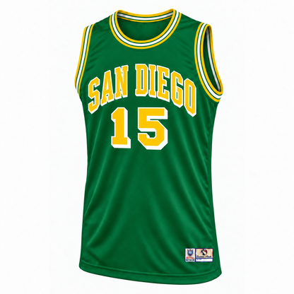 Green and Gold Basketball Jersey — green front mockup, number 15.