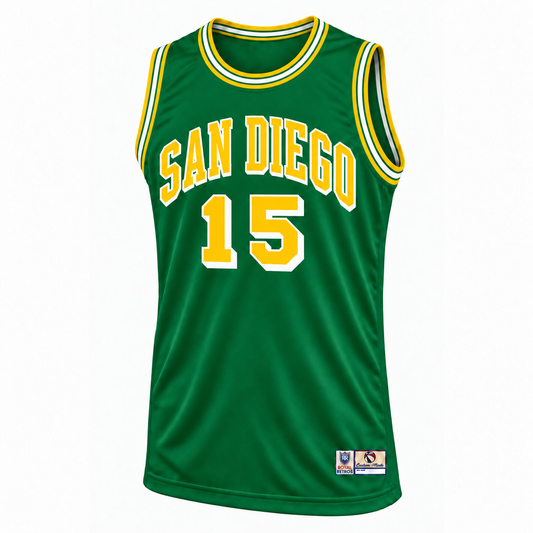 Green and Gold Basketball Jersey — green front mockup, number 15.