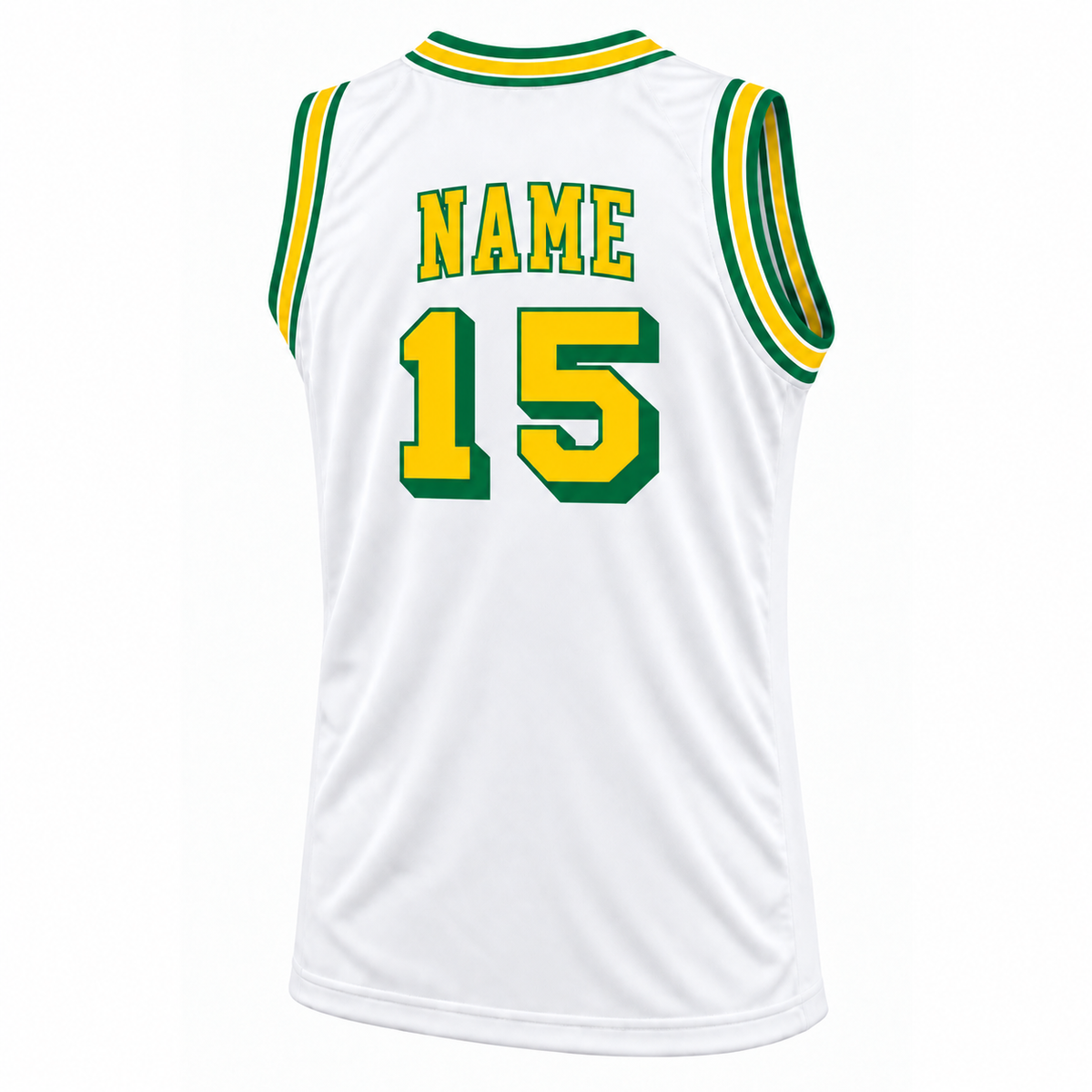 Green and Gold Basketball Jersey — white back mockup, number 15, NAME above number.