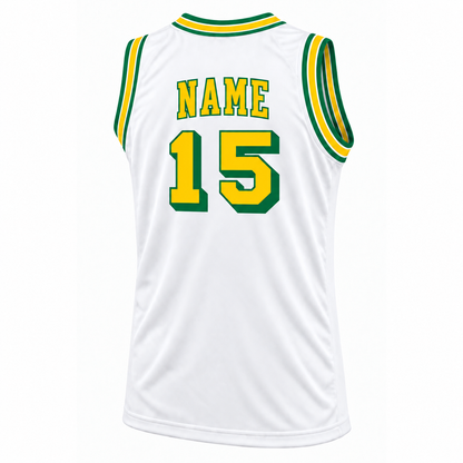 Green and Gold Basketball Jersey — white back mockup, number 15, NAME above number.