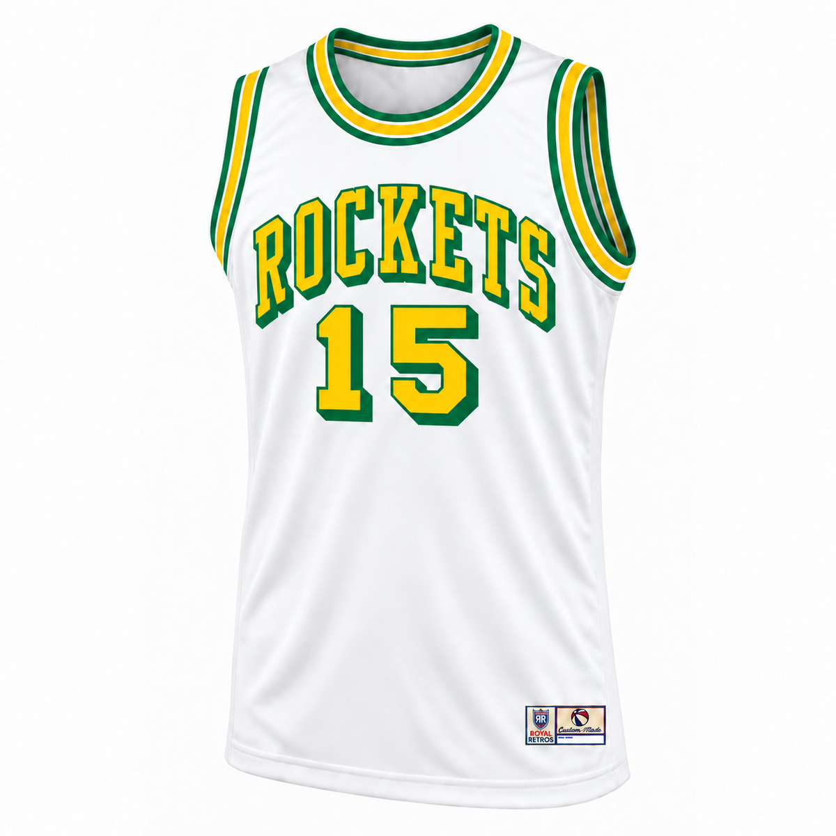 Green and Gold Basketball Jersey — white front mockup, number 15.