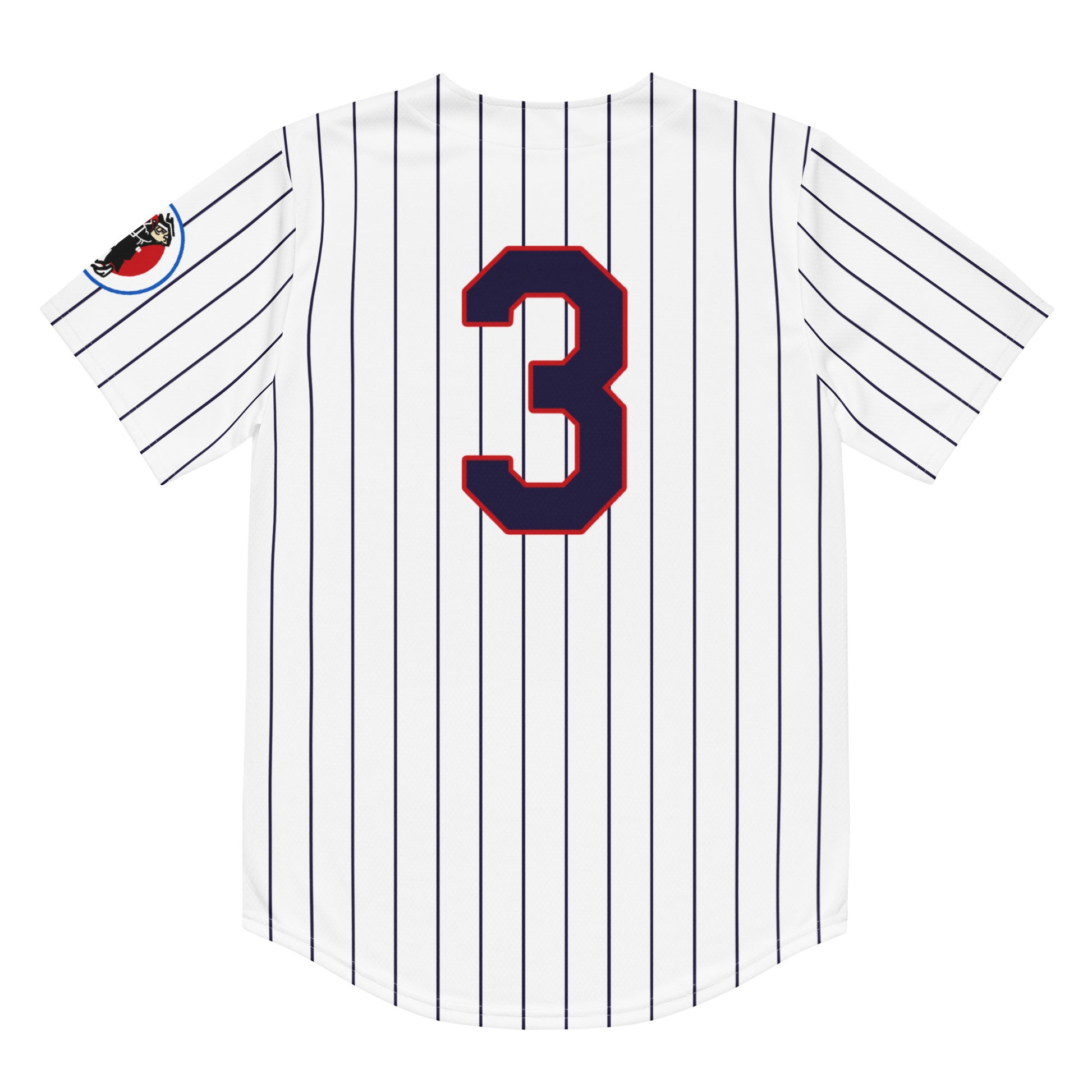 Washington Senators pinstripe baseball jersey, white. Back. Large #3 on back, blue with red trim. Royal Retros