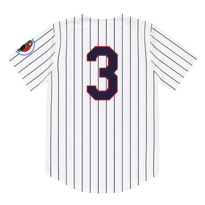 Washington Senators pinstripe baseball jersey, white. Back. Large #3 on back, blue with red trim. Royal Retros