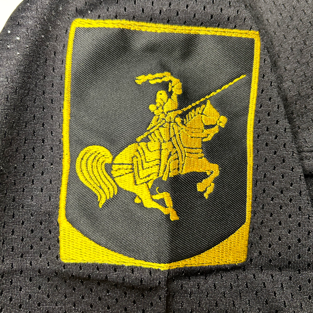 Embroidered knight on horseback patch on Hartford Knights Jersey vintage hockey jersey