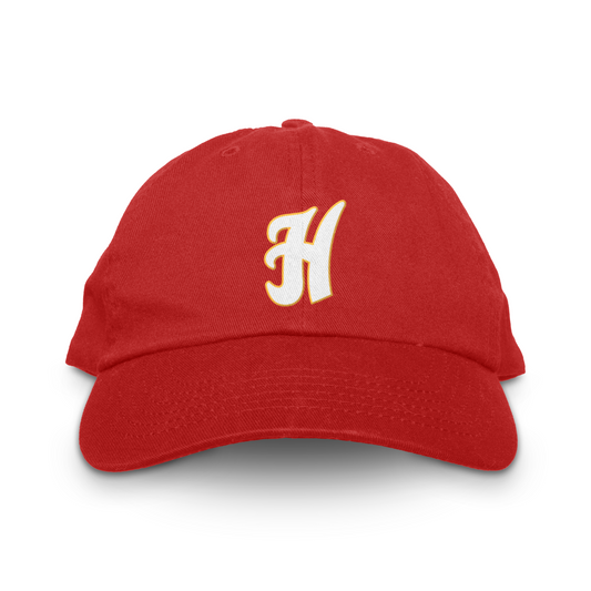Hawaiian Islanders Unstructured Hat - Red with stylized white H in gold trim. Royal Retros