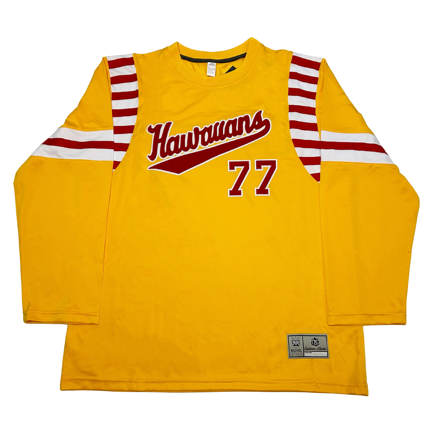 Honolulu Hawaiians roller derby jersey gold. Alternating red and white bands at shoulders. White, red, and white bands at mid-sleeve. Hawaiians in cursive red with white trim with flourish coming off "s" #77 in red with white trim lower right. Royal Retros