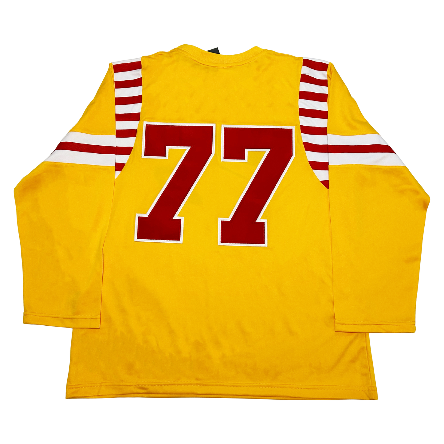 Honolulu Hawaiians roller derby jersey gold. Alternating red and white bands at shoulders. White, red, and white bands at mid-sleeve.  #77 in red with white trim large on back. Royal Retros