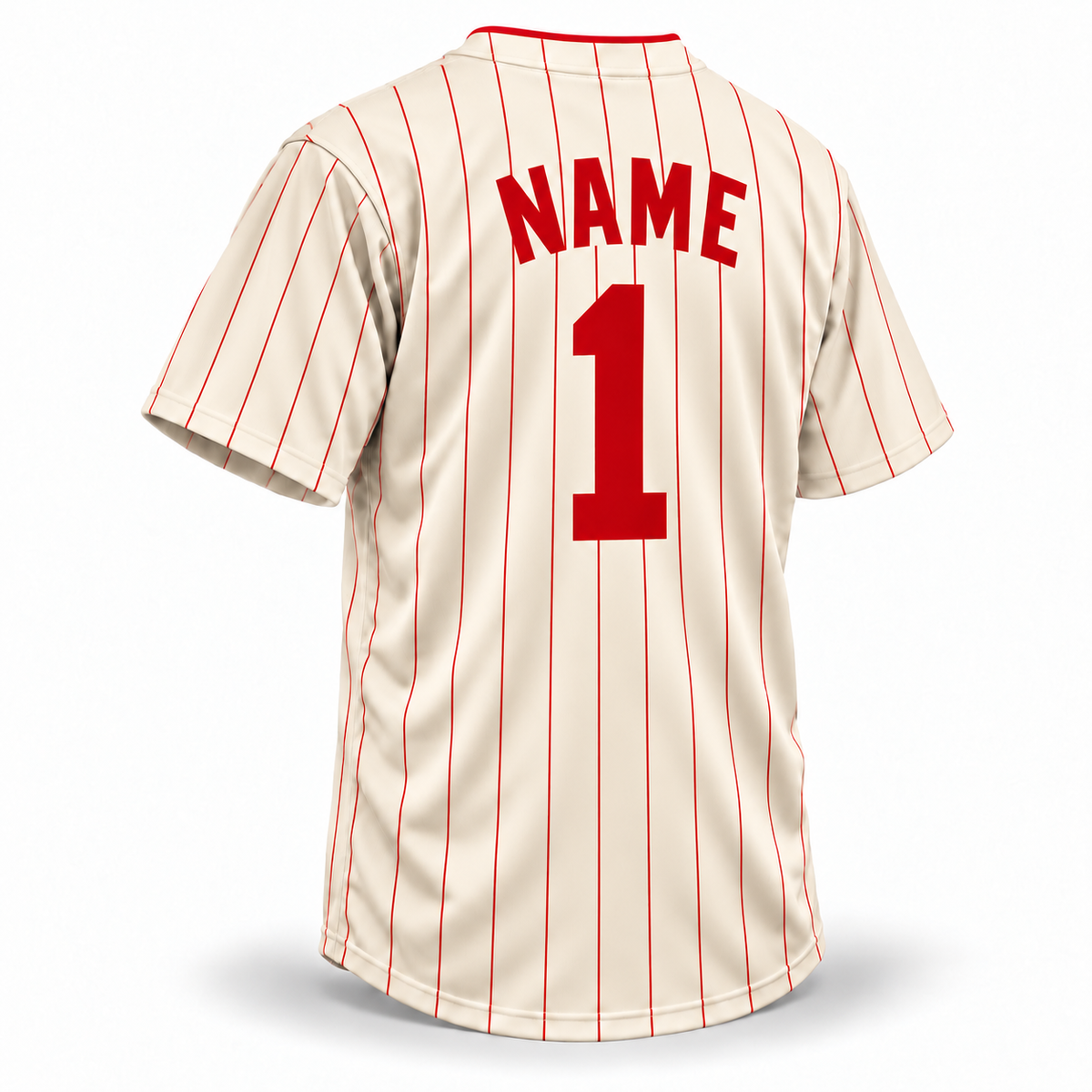 Hilldale Club NLB Jersey — cream back mockup with continuous thin red pinstripes and solid red block NAME and number 1.