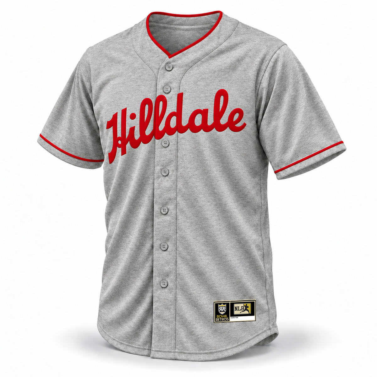 Hilldale Club NLB Jersey — gray wool front mockup with red Hilldale script, red collar and cuff trim, and original NLB jock tag.