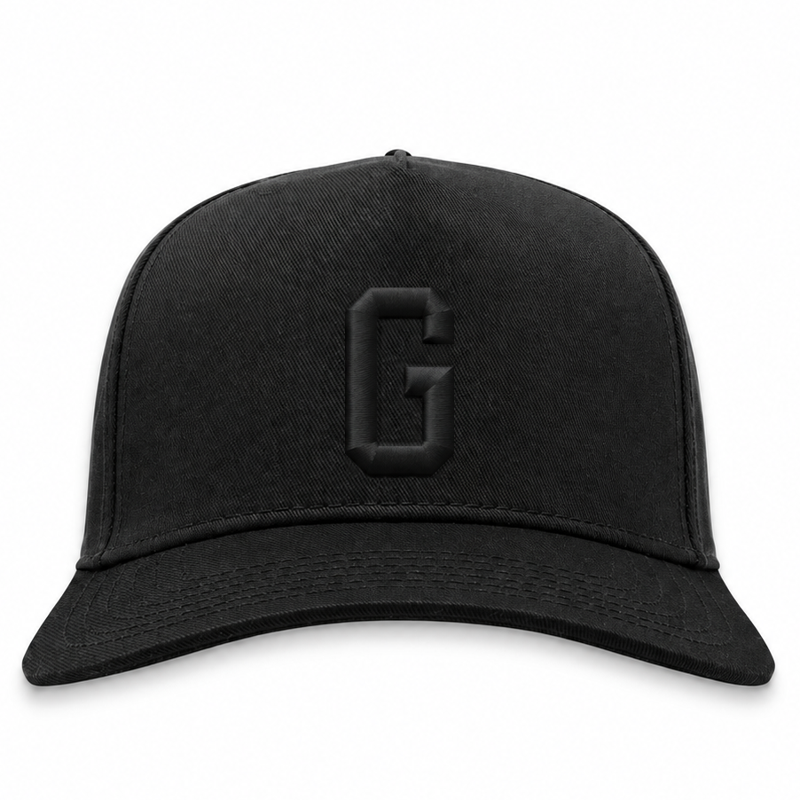 Homestead Grays blackout snapback hat with tonal black 3D puff G embroidery, front view