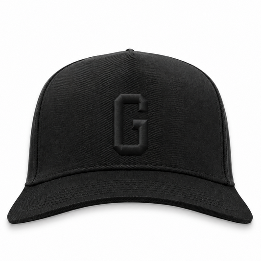 Homestead Grays blackout snapback hat with tonal black 3D puff G embroidery, front view