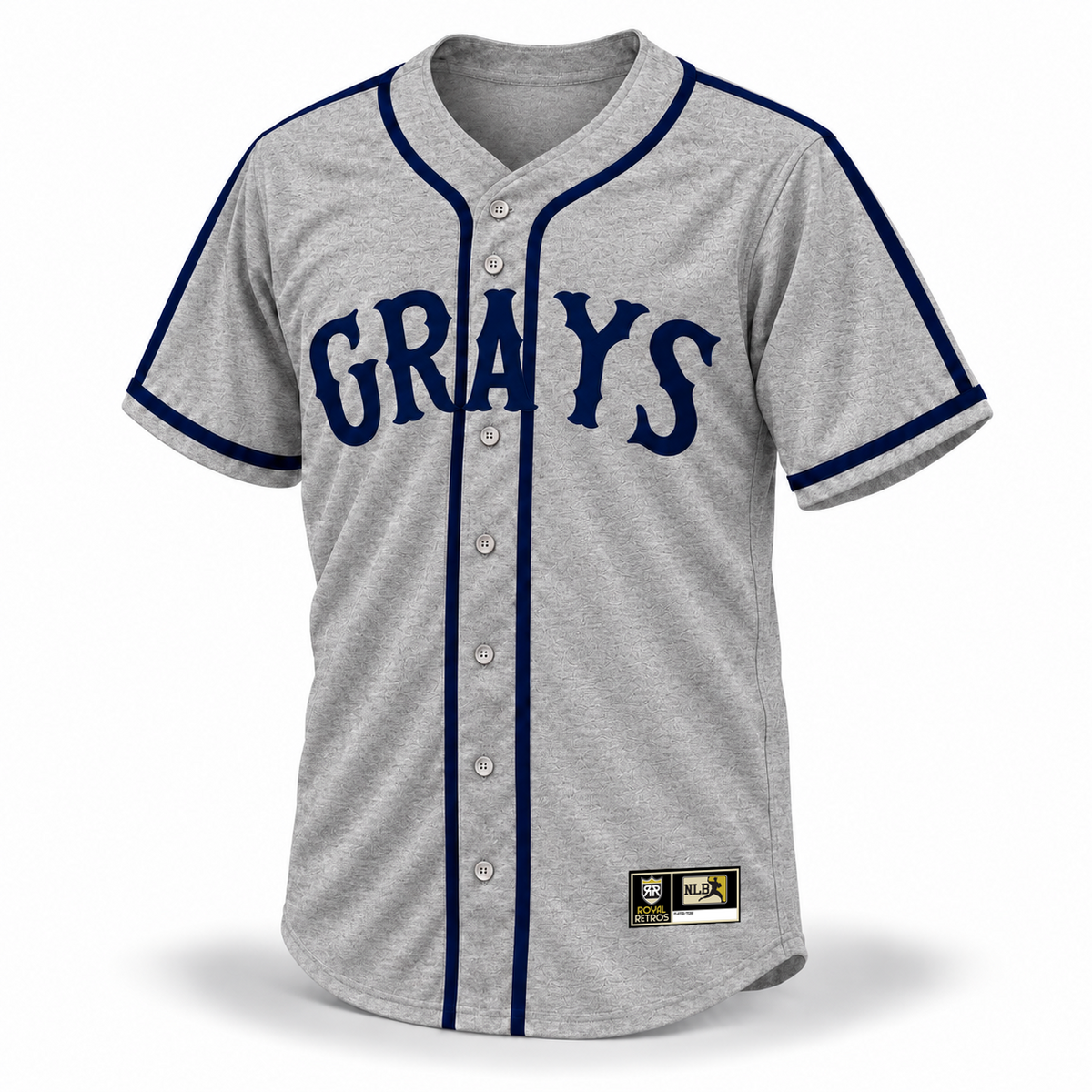 Homestead Grays custom NLB jersey gray front mockup with navy GRAYS wordmark, connected shoulder and sleeve stripes and original NLB jock tag