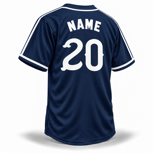 Homestead Grays NLB Remix jersey navy back mockup with white block NAME above white vintage number 20 and matching white sleeve and neck trim
