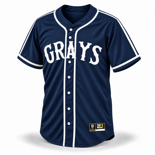 Homestead Grays NLB Remix jersey navy front mockup with white vintage GRAYS lettering, white piping and shoulder-to-sleeve stripes, and original NLB jock tag