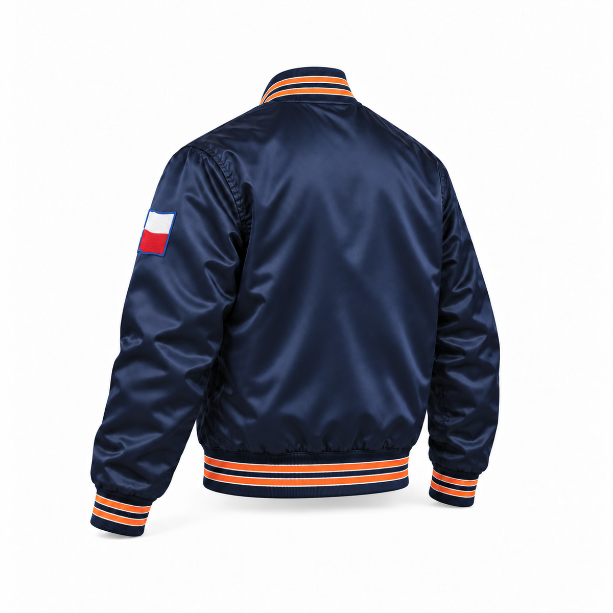 Houston Colt .45s navy satin jacket, back three-quarter view. Blank back, orange rib-knit stripes edged in white, and the edge of the embroidered Texas flag on the wearer's left sleeve.