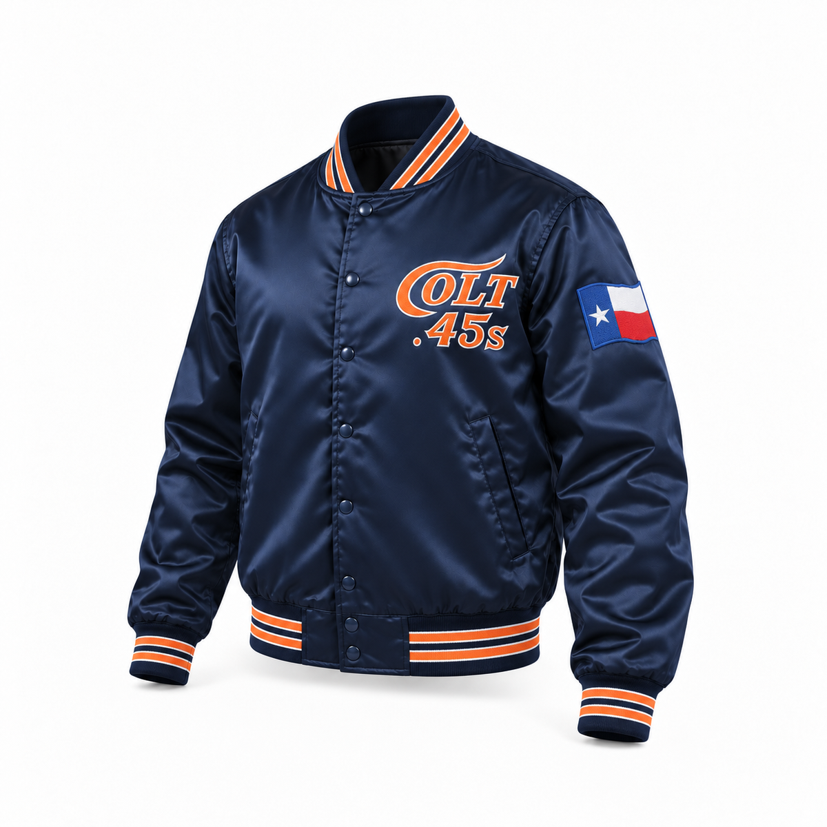 Houston Colt .45s navy satin jacket, front three-quarter view. Orange Colt .45s chest embroidery with white outline, orange rib-knit stripes edged in white, Texas flag embroidered on the wearer's left sleeve, and black lining.