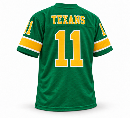 Houston Texans Shreveport Steamer WFL jersey, Kelly green back, yellow Texans name and number 11 with white outline