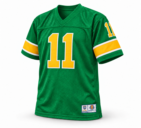 Houston Texans Shreveport Steamer WFL jersey, Kelly green front, yellow number 11 with white outline
