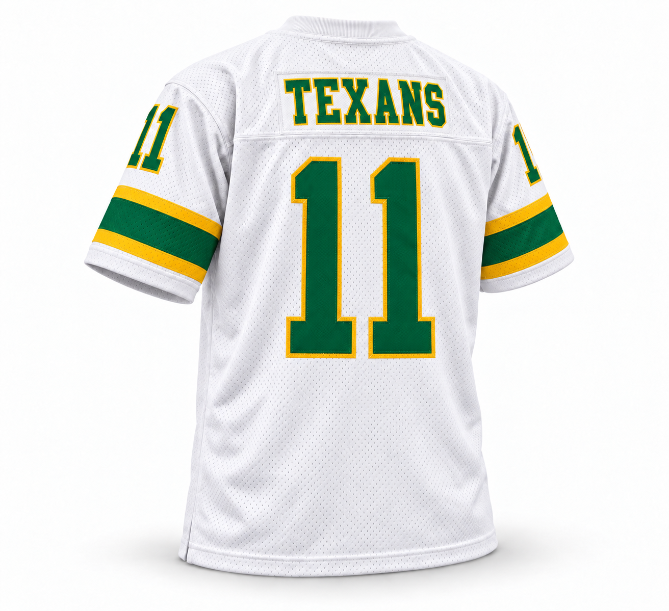 Houston Texans Shreveport Steamer WFL jersey, white back, Kelly green Texans name and number 11 with yellow outline