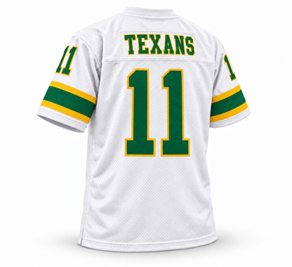 Houston Texans Shreveport Steamer WFL jersey, white back, Kelly green Texans name and number 11 with yellow outline