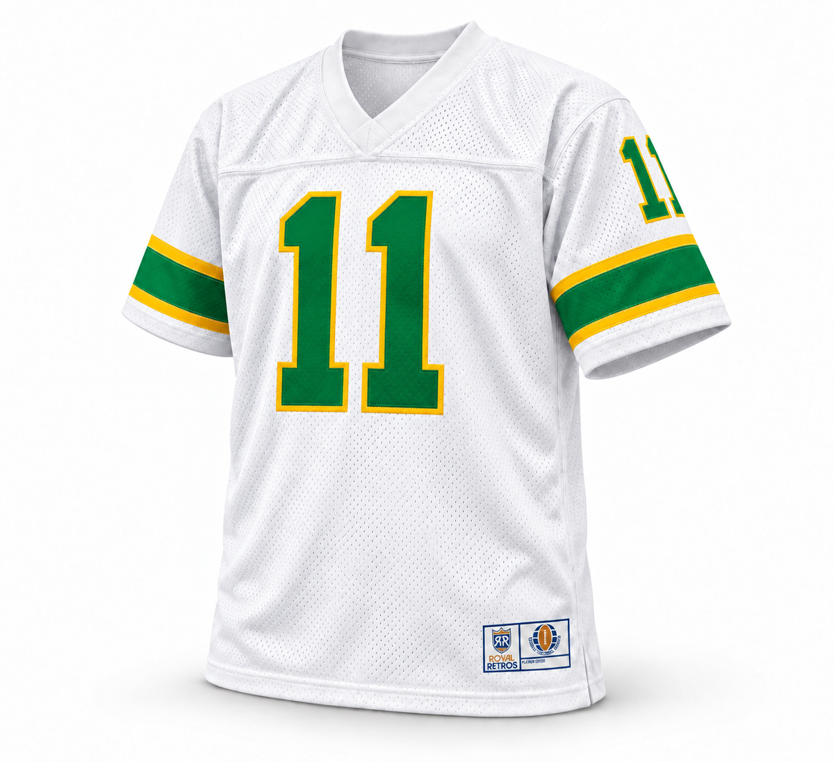 Houston Texans Shreveport Steamer WFL jersey, white front, Kelly green number 11 with yellow outline