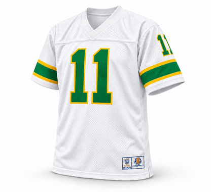 Houston Texans Shreveport Steamer WFL jersey, white front, Kelly green number 11 with yellow outline