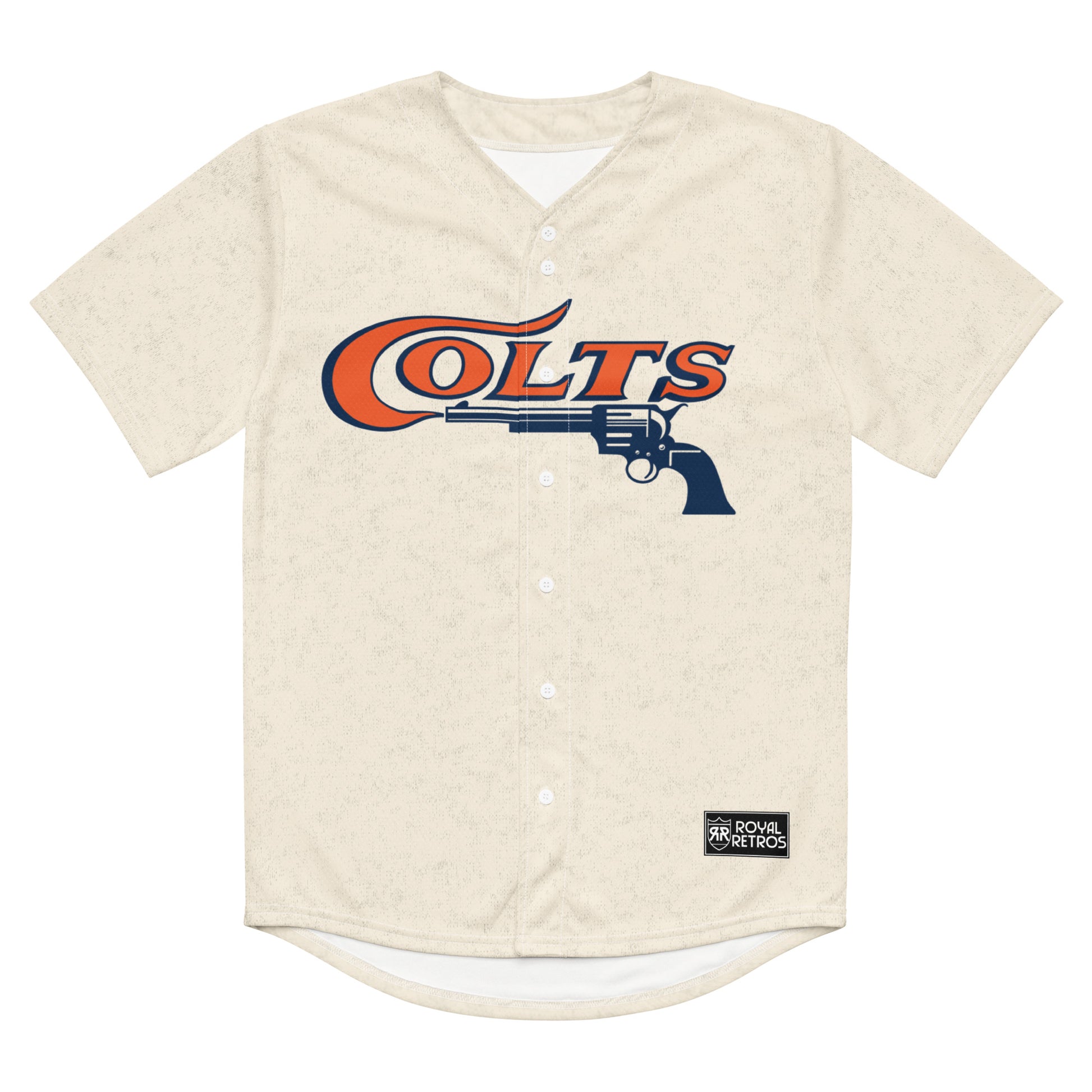 Houston Colt 45's replica  baseball Jersey white button-up. Stylized Colts in orange with blue trim on chest, with pistol in blue facing left underneath.  Royal Retros 