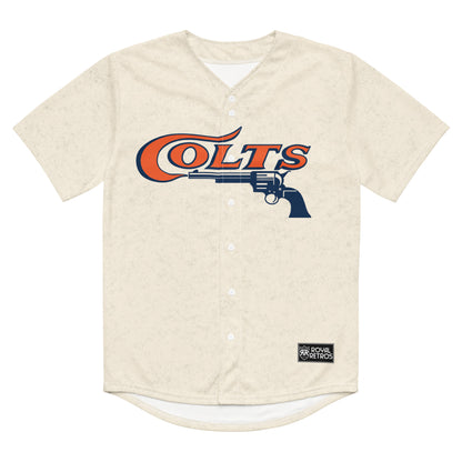 Houston Colt 45's replica  baseball Jersey white button-up. Stylized Colts in orange with blue trim on chest, with pistol in blue facing left underneath.  Royal Retros 