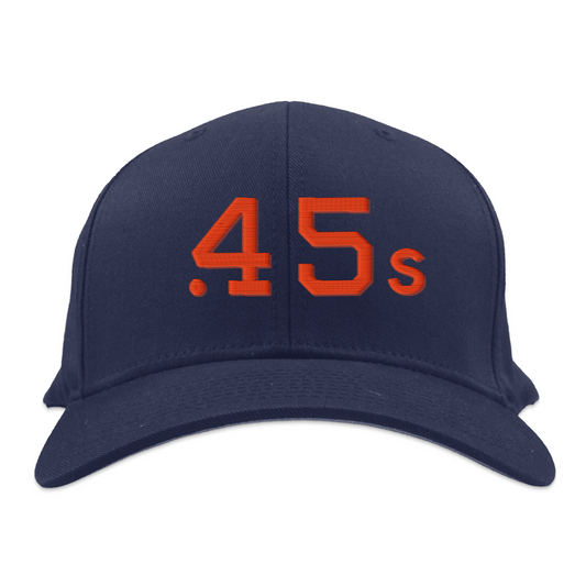 Houston Colt .45s baseball cap. Navy. .45s large on main panel in red, orange, and light orange diagonal stripes. Royal Retros