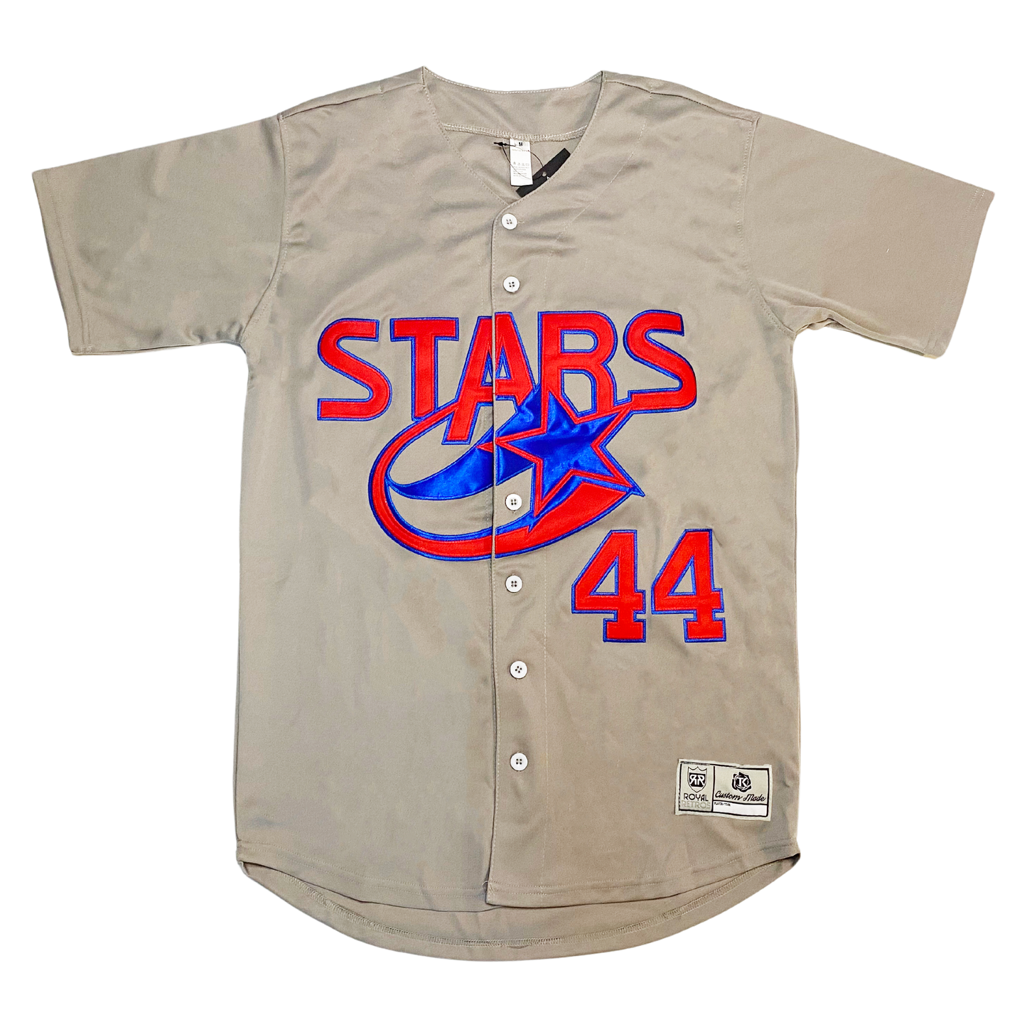 Huntsville Stars button-up Jersey. Gray. Stars in red with blue trim and swooping star under name. #44 in red with blue trim. Royal Retros