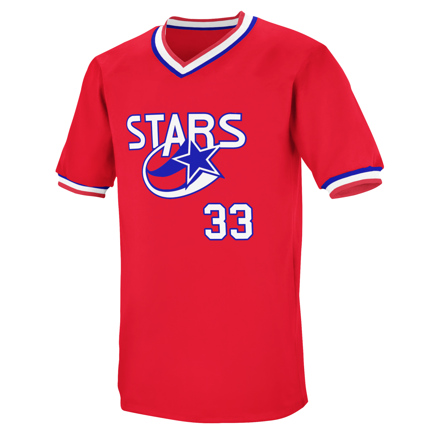 Huntsville Stars pull-over baseball Jersey red. Stars in white with blue trim. Swooping blue star underneath. #33 lower right in white with blue trim. Royal Retros