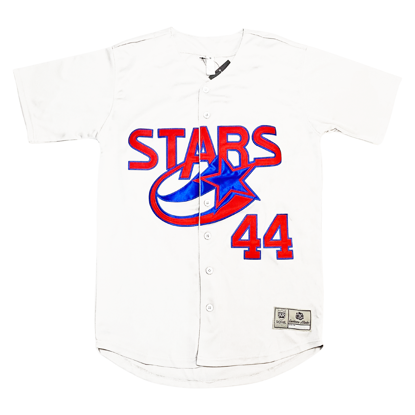 Huntsville Stars button-up Jersey. Stars in red with blue trim. Swooping star in blue underneath. #44 in red with blue trim. Royal Retros