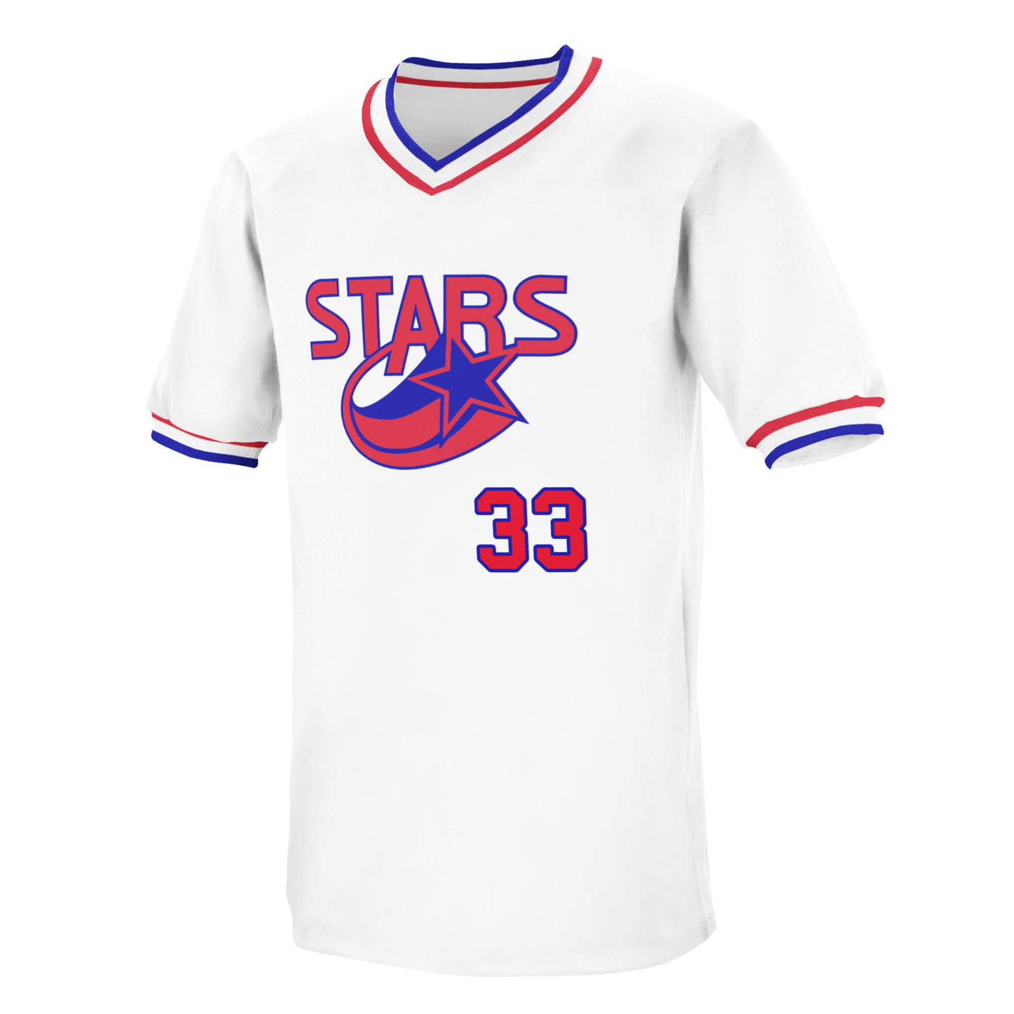 Huntsville Stars Jersey. Stars in red with blue trim. Swooping star in blue underneath. #44 in red with blue trim. Royal Retros