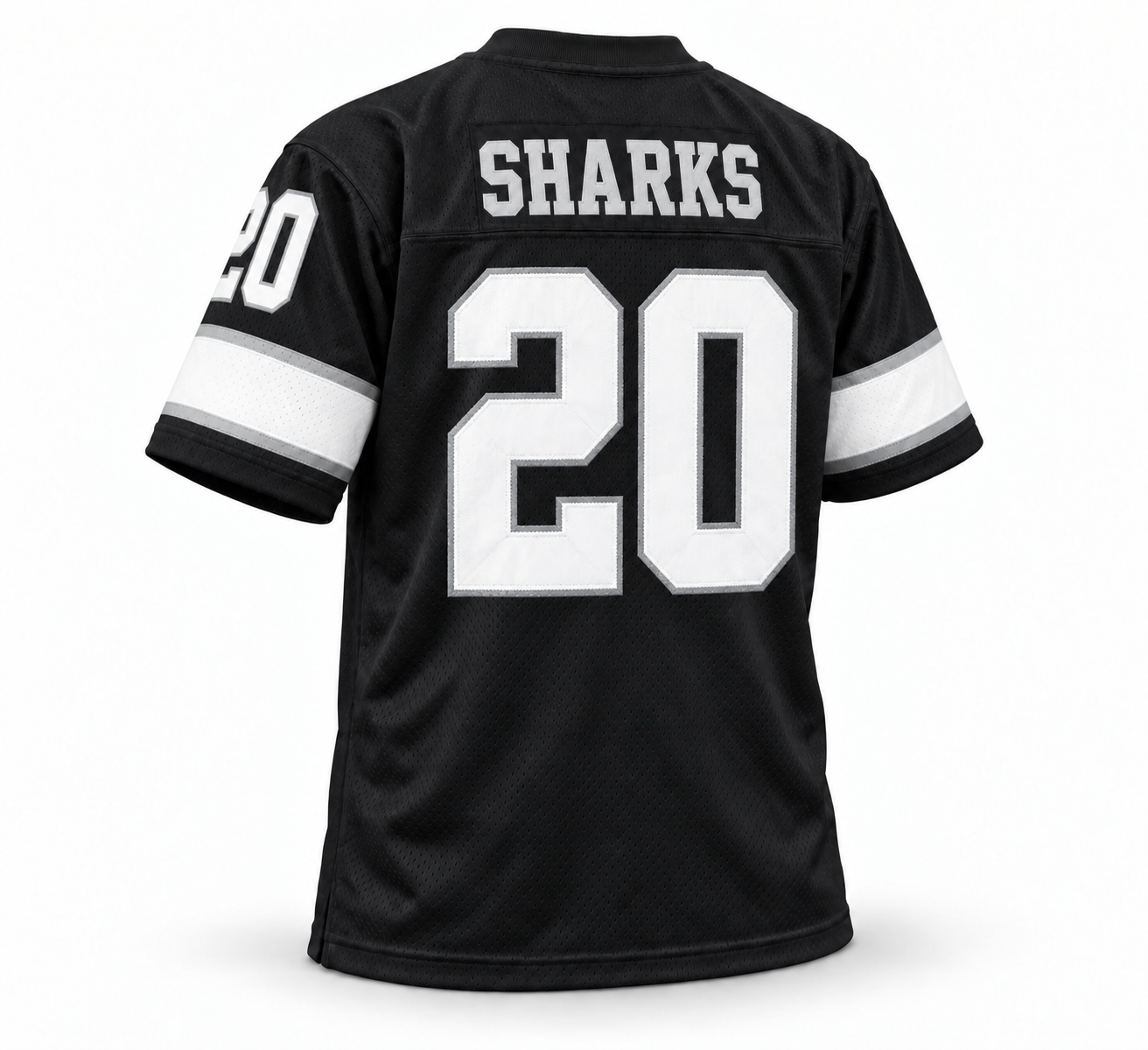 Jacksonville Sharks WFL Jersey black back, silver SHARKS lettering and number 20, Royal Retros