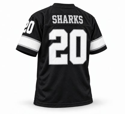 Jacksonville Sharks WFL Jersey black back, silver SHARKS lettering and number 20, Royal Retros