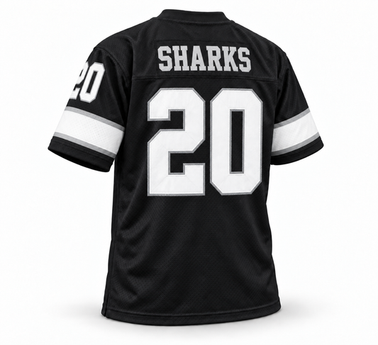 Jacksonville Sharks WFL Jersey black back, silver SHARKS lettering and number 20, Royal Retros