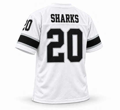 Jacksonville Sharks WFL Jersey white back SHARKS number 20 Royal Retros