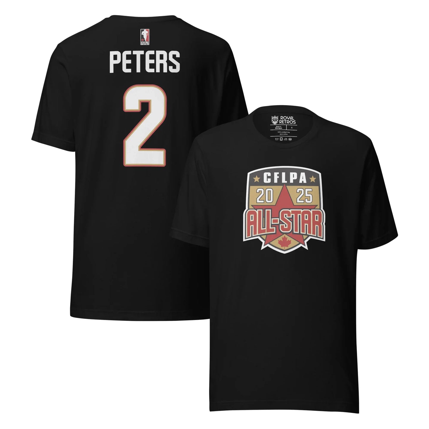 2025 CFLPA All Star Player T-Shirt. Black. Back upper right. Name in large letters across top of back in white. Large white numerals with red trim, below. Front, lower right. Shield with white trim. Inside is CFLPA in white over black with two gold stars on either side. Large star on gold background in shield below, with 20 in white on one side of point, 25 on right. ALL-STAR in red with white and black trim across bottom part of shield, red maple leaft at bottom of shield. Royal Retros