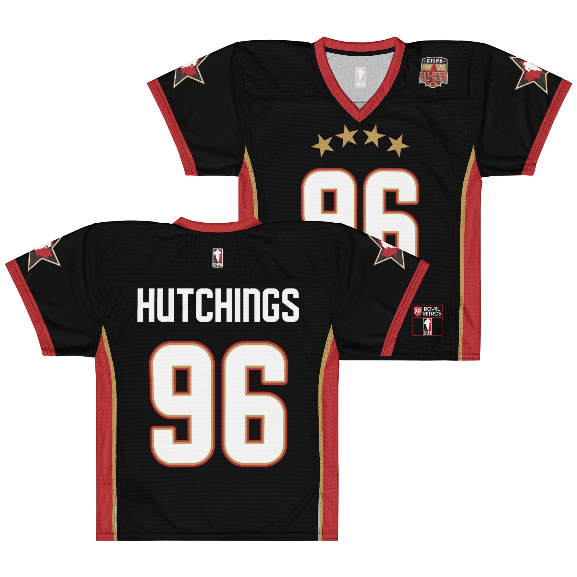 2025 CFLPA All-Star Replica Jersey. Black. Front and Back. Red collar and sleeve ends. Four gold stars over large white name over large white numerals with red trim. Gold, red, and gold stripes up sides. Royal Retro
