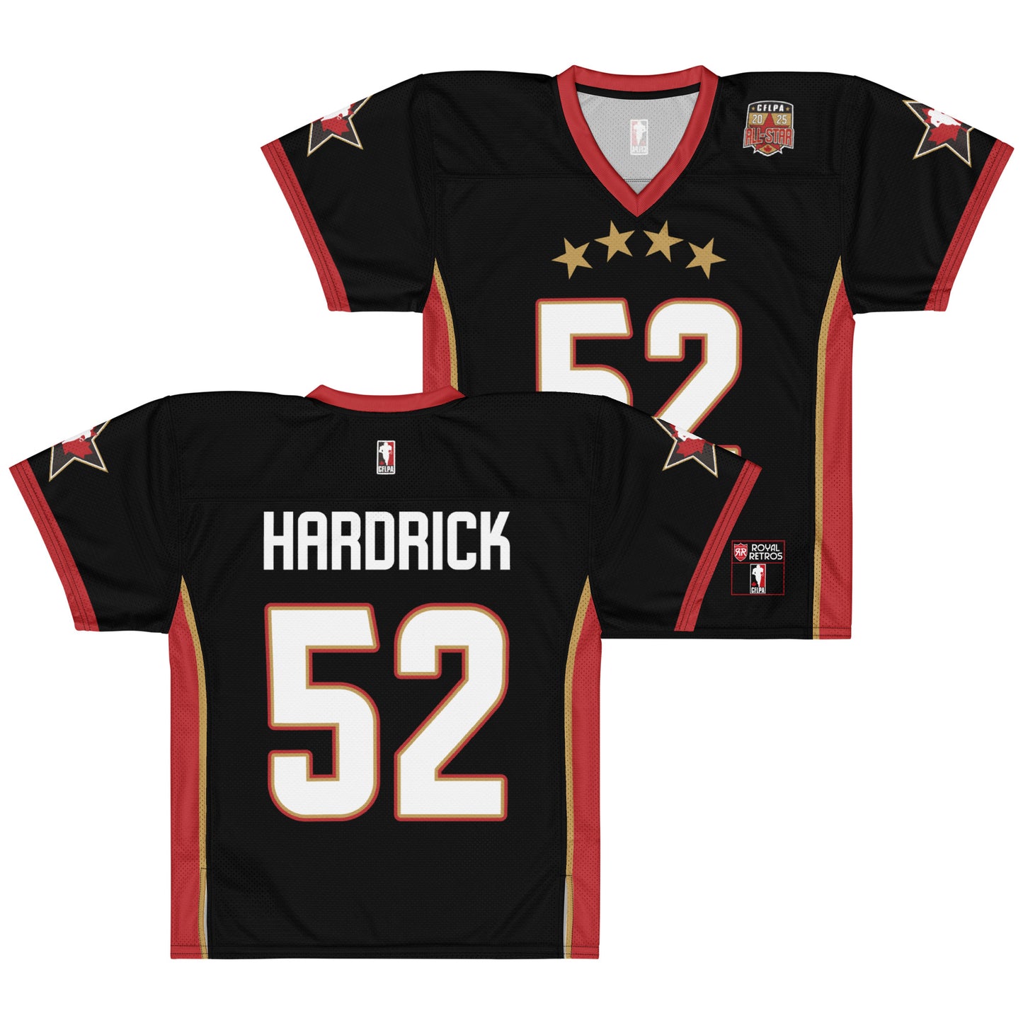 2025 CFLPA All-Star Replica Jersey. Black. Back. Red collar and sleeve ends. Four gold stars over large white name over large white numerals with red trim. Gold, red, and gold stripes up sides. Royal Retro