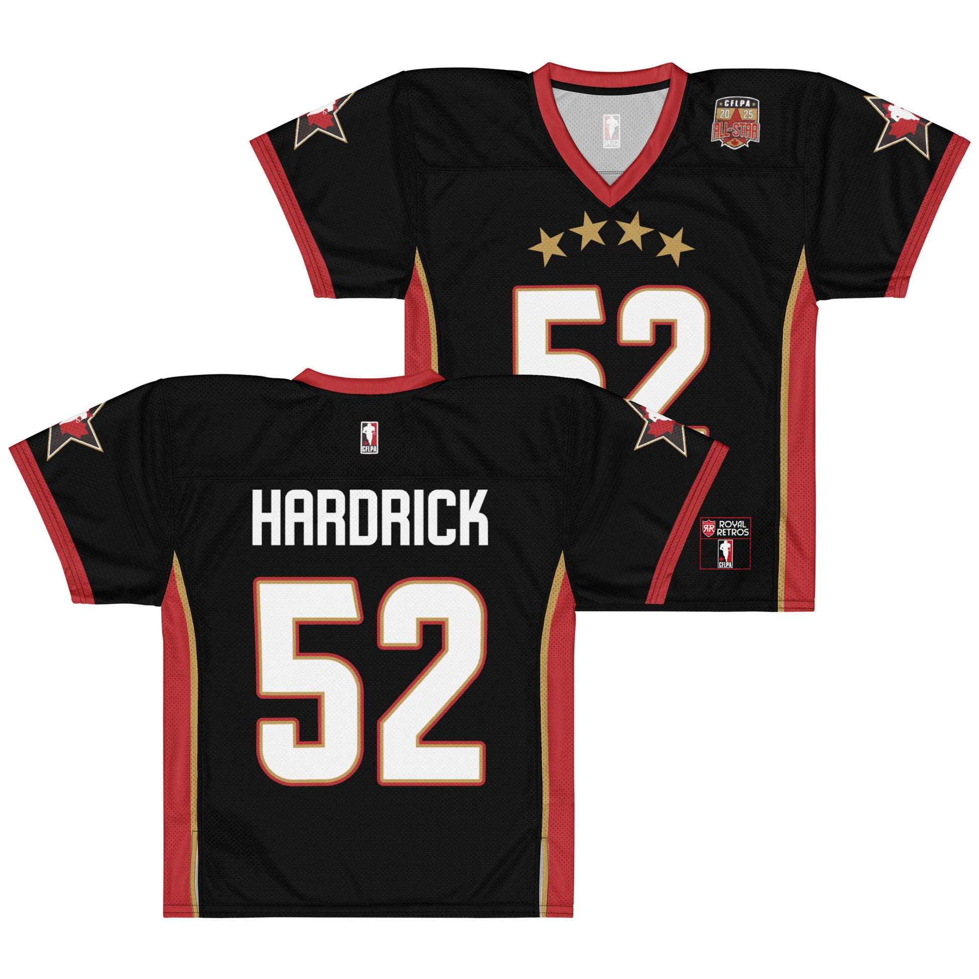2025 CFLPA All-Star Replica Jersey. Black. Back. Red collar and sleeve ends. Four gold stars over large white name over large white numerals with red trim. Gold, red, and gold stripes up sides. Royal Retro