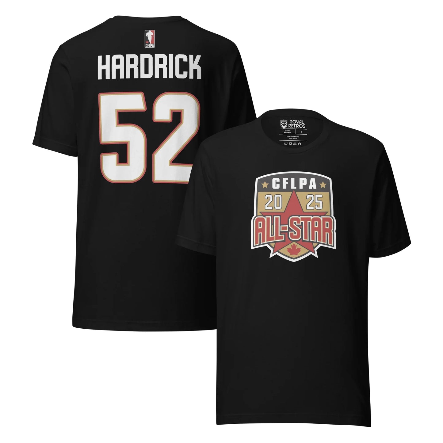 2025 CFLPA All Star Player T-Shirt. Black. Back upper right. Name in large letters across top of back in white. Large white numerals with red trim, below. Front, lower right. Shield with white trim. Inside is CFLPA in white over black with two gold stars on either side. Large star on gold background in shield below, with 20 in white on one side of point, 25 on right. ALL-STAR in red with white and black trim across bottom part of shield, red maple leaft at bottom of shield. Royal Retros