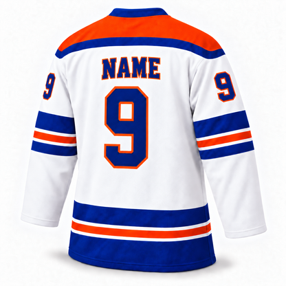 Jersey Knights white jersey back, blue NAME with orange outline and number 9