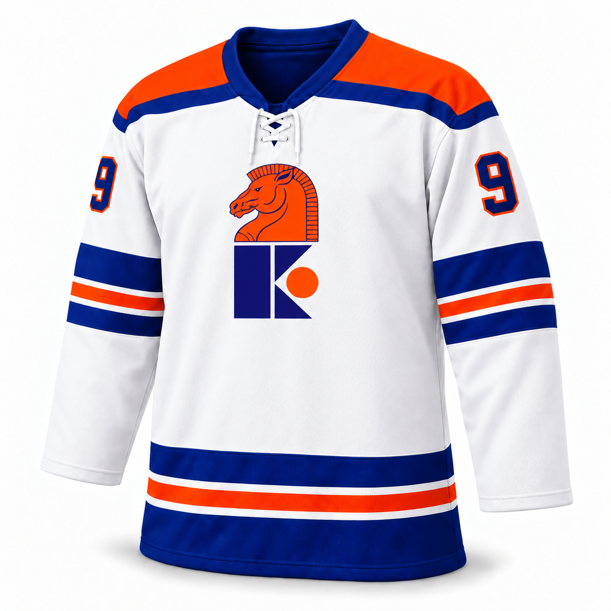 Jersey Knights white jersey front with horsehead K logo and number 9