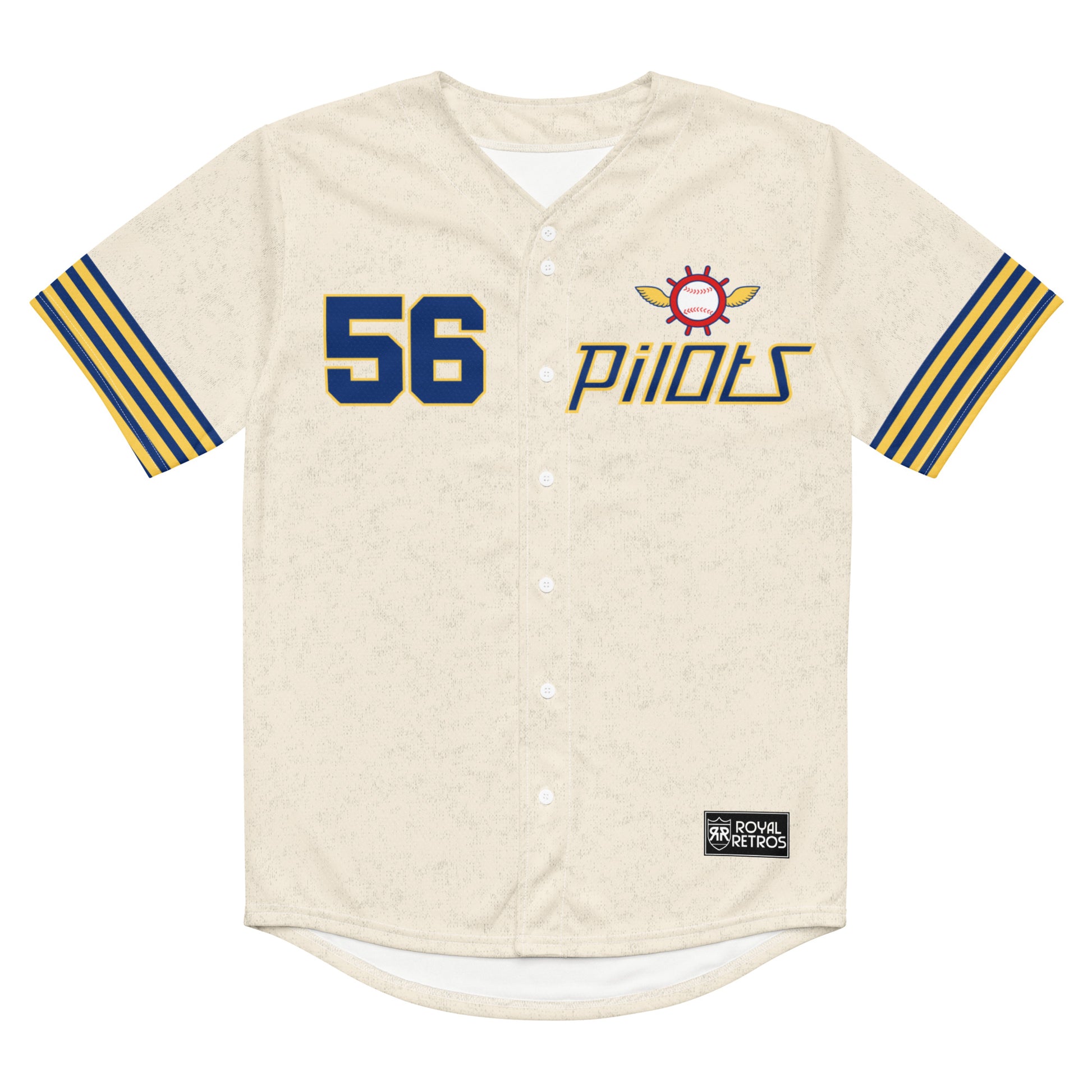 Seattle Pilots button-up short sleeve baseball jersey, cream. 56 on left chest, blue with gold trim. Logo on left chest is captain's wheel, red with gold wings on side. Baseball stitching inside wheel with Pilots in blue in middle. PILOTS below in thin blue letters with gold trim. Alternating thin blue and gold stripes on sleeve ends. Royal Retros.