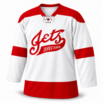 1950s Johnstown Jets white jersey front with red script logo and lace-up collar