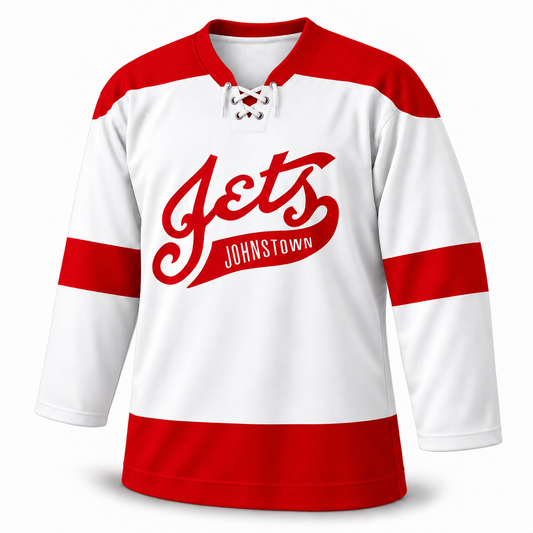 1950s Johnstown Jets white jersey front with red script logo and lace-up collar
