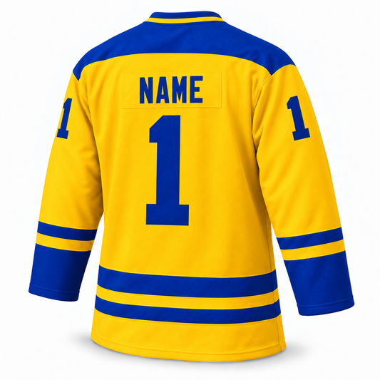 Johnstown Jets Remix yellow jersey back mockup with solid blue NAME and block number 1.