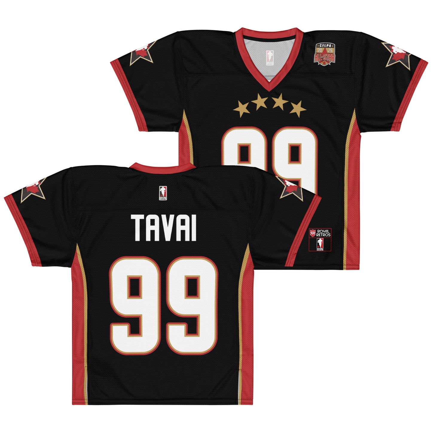 2025 CFLPA All-Star Replica Jersey. Black. Front and Back. Red collar and sleeve ends. Four gold stars over large white name over large white numerals with red trim. Gold, red, and gold stripes up sides. Royal Retro